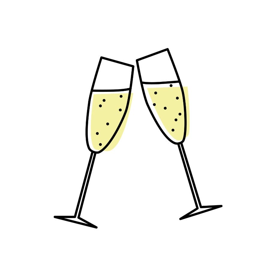 A simple line-art illustration of two champagne flutes clinking together, filled with pale yellow champagne and small black bubbles, on a plain white background.