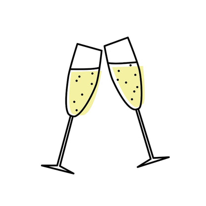 A simple line-art illustration of two champagne flutes clinking together, filled with pale yellow champagne and small black bubbles, on a plain white background.