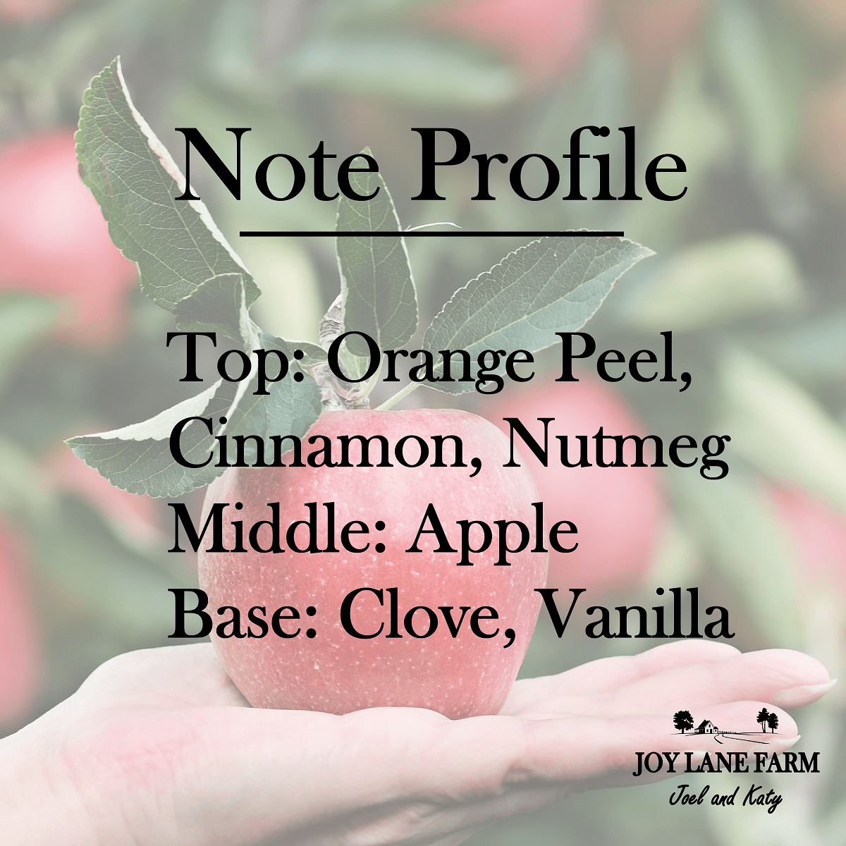 A hand holds a small red apple with green leaves against a blurred apple tree background. Large black text reads 'Note Profile' with scent notes: 'Top: Orange Peel, Cinnamon, Nutmeg', 'Middle: Apple', and 'Base: Clove, Vanilla'.