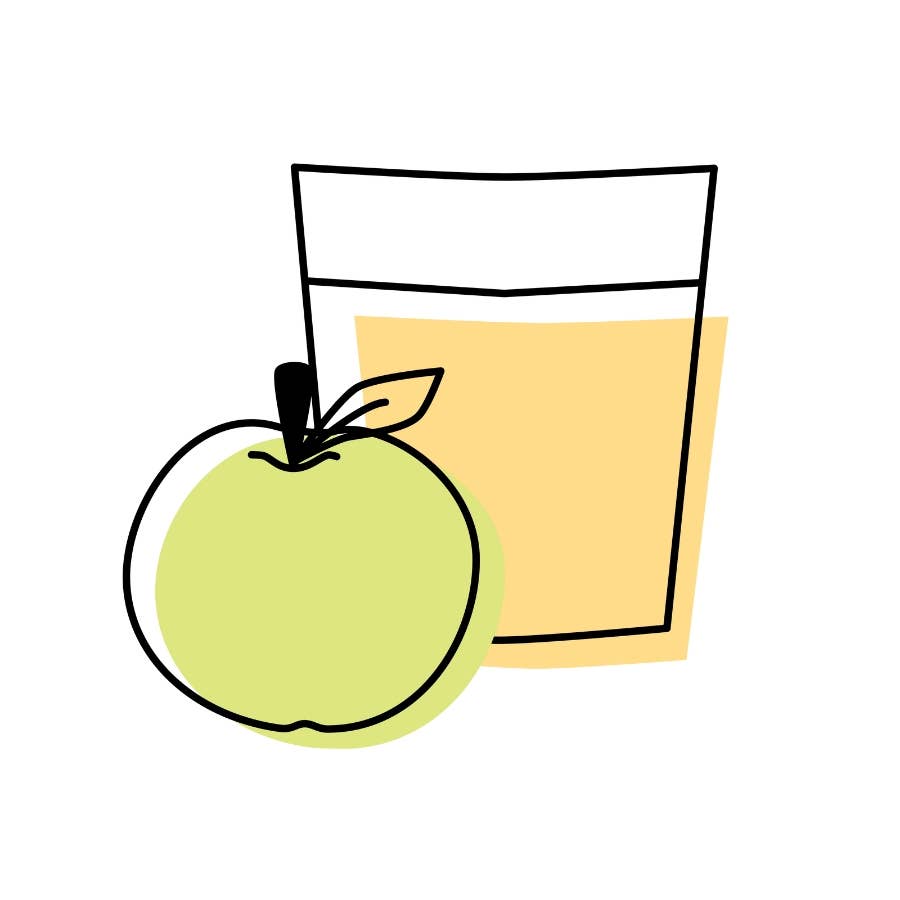 A simple line-art illustration of a green apple in front of a glass filled with pale yellow liquid on a white background.