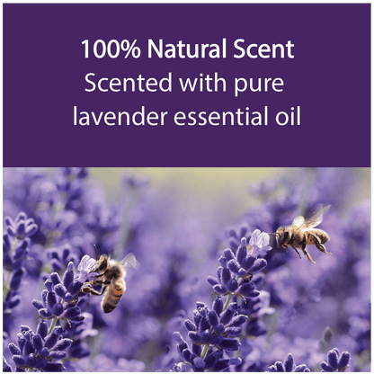 A promotional graphic with a purple header reading '100% Natural Scent' and 'Scented with pure lavender essential oil' above a photo of bees pollinating lavender flowers.