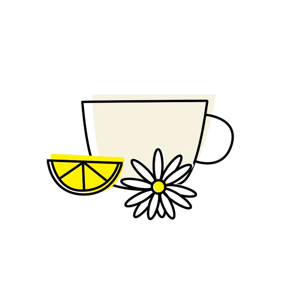 Minimalist line art illustration of a light beige cup with a yellow lemon slice and a white daisy flower with a yellow center, set against a plain white background.