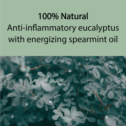 Text about 100% natural eucalyptus and spearmint oil with a background of green leaves.
