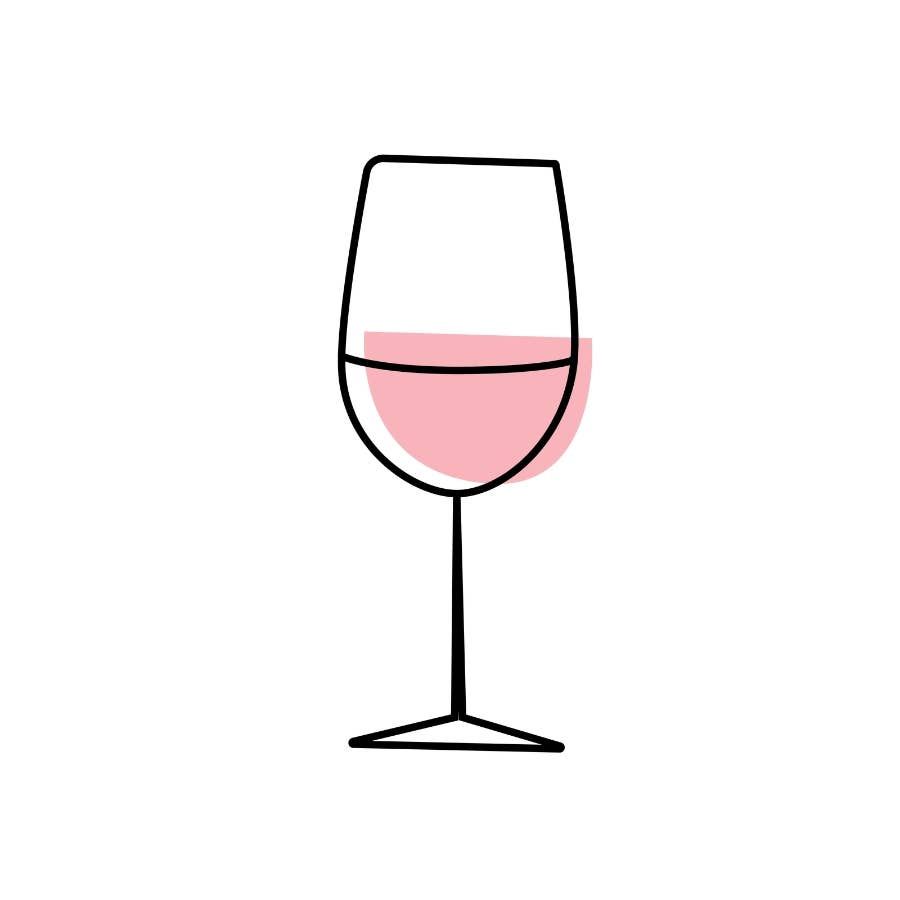 Simplified line drawing of a wine glass with pink liquid on a white background
