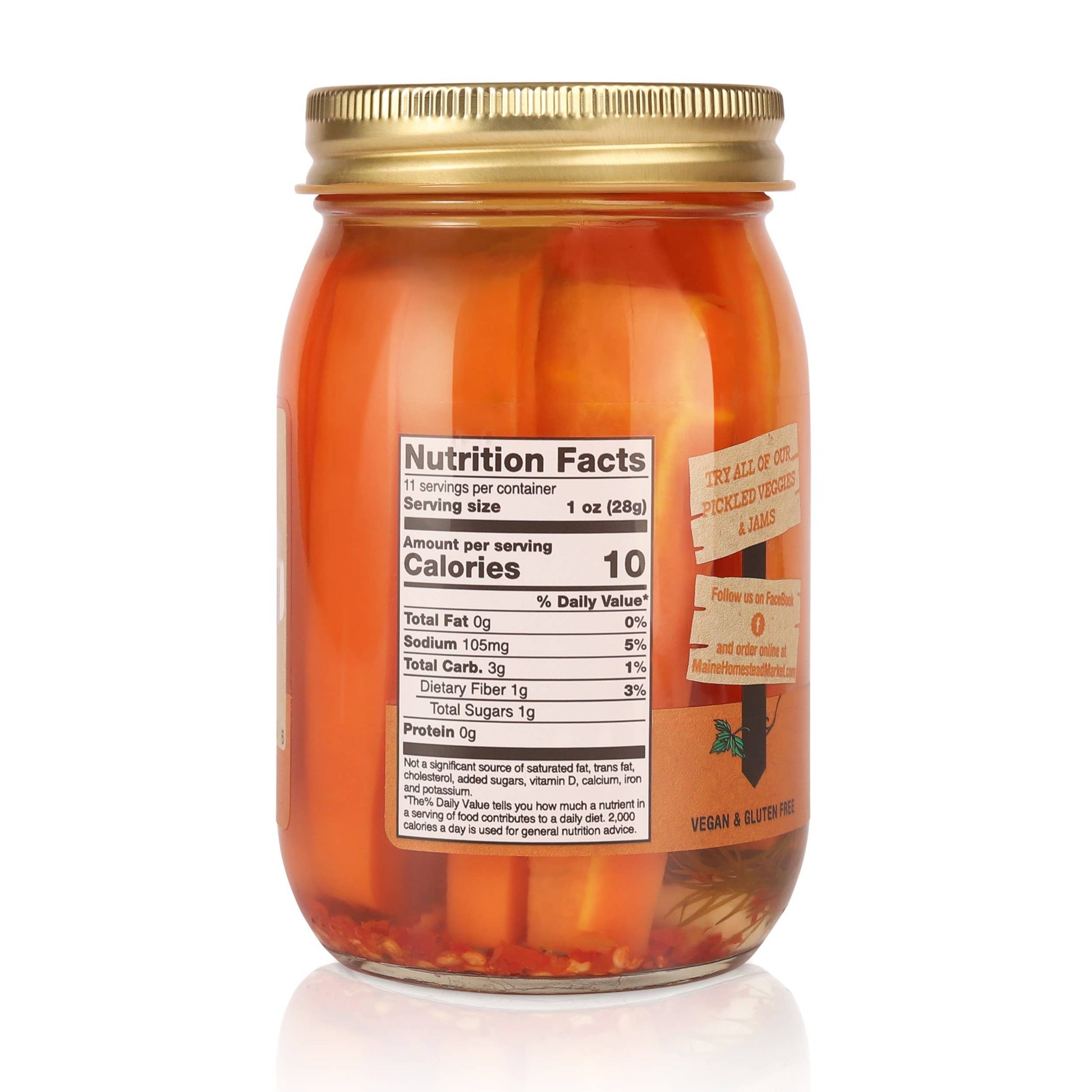 Jar of carrots with a nutrition facts label on a white background