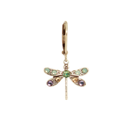 Gold dragonfly-shaped earring with gemstones on a white background