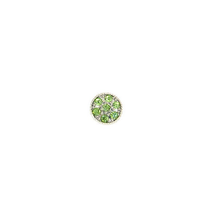 A round silver-toned stud earring featuring a cluster of green gemstones surrounded by small clear stones, set against a plain white background.