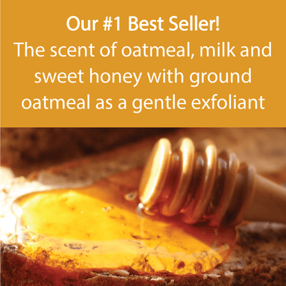 Promotional graphic with text reading 'Our #1 Best Seller! The scent of oatmeal, milk and sweet honey with ground oatmeal as a gentle exfoliant' above a close-up photo of honey dripping onto toast with a honey dipper.