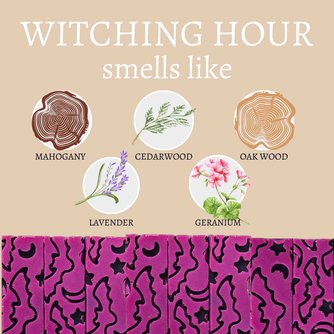 Product packaging with scents labeled as Mahogany, Cedarwood, Oak Wood, Lavender, and Geranium on a beige background.