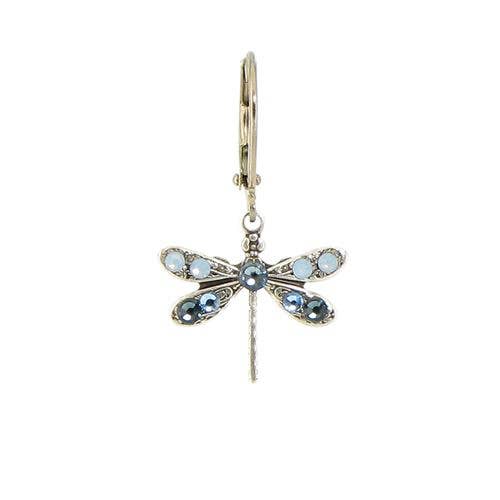 Dragonfly-shaped earring with gemstones on a white background