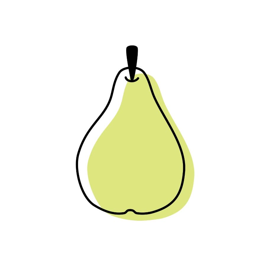 A minimalist line art illustration of a pear in pale yellow-green with a black outline and stem, centered on a plain white background.