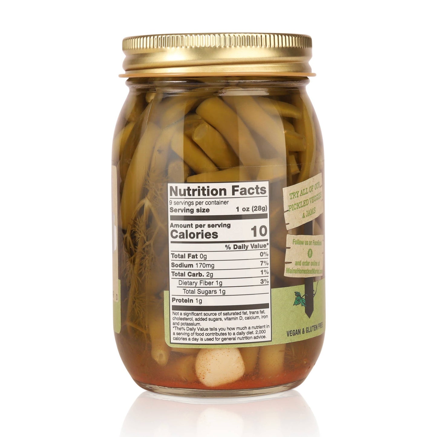 A glass jar of vegan and gluten-free pickled onions with a gold metal lid, featuring a prominent white nutrition facts label on the front, set against a plain white background.