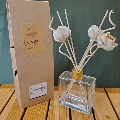 Lavender-scented diffuser with packaging on a wooden surface