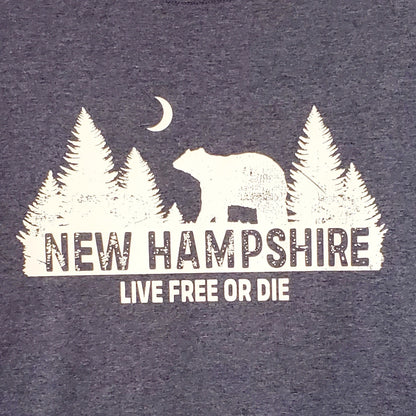 Navy blue shirt with white bear and tree design and 'New Hampshire Live Free or Die' text.