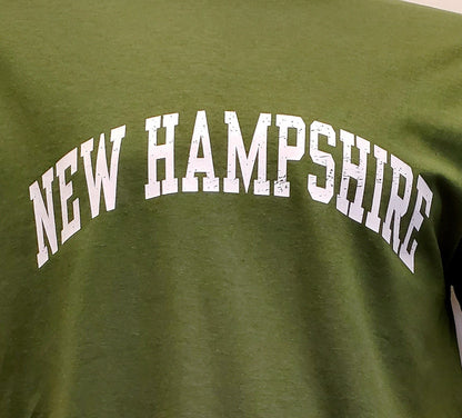 Green t-shirt with 'NEW HAMPSHIRE' printed in white text