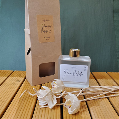 Perfume bottle with a gold cap and white label on a cardboard box, with flowers in the background.