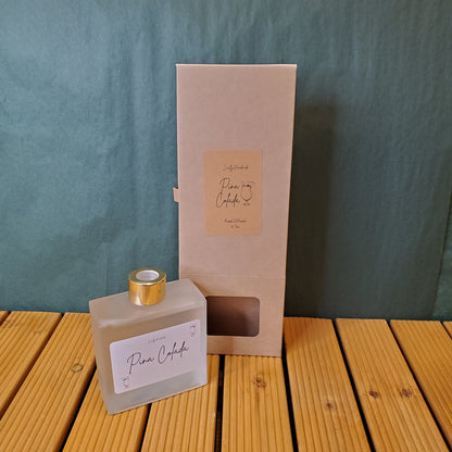 Perfume bottle with packaging on a textured surface