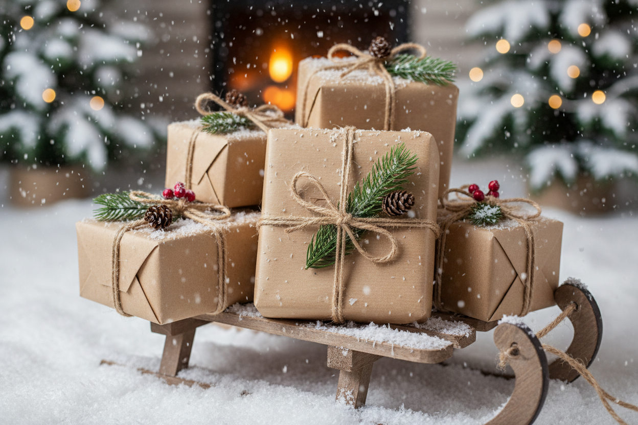 presents rustic wrapping paper snow