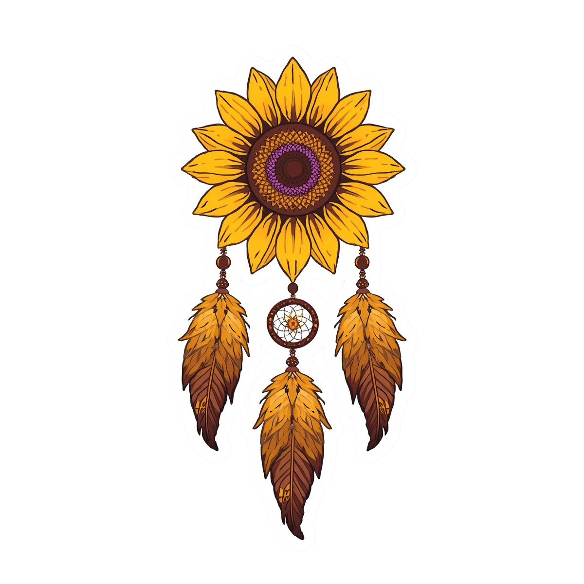 Sunflower Dreamcatcher with Brown Feathers Sticker