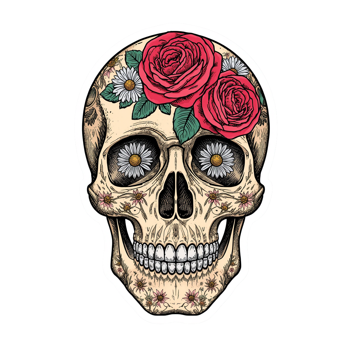 Skull with Roses and Daisy Eyes Sticker