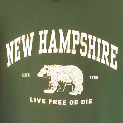 Green sweatshirt with white text and bear graphic, featuring 'New Hampshire' and 'Live Free or Die'.