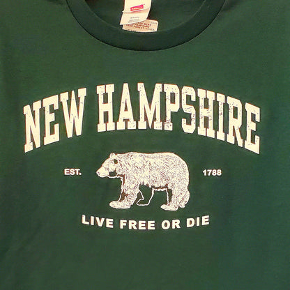 Green t-shirt with 'New Hampshire Live Free or Die' text and bear graphic.