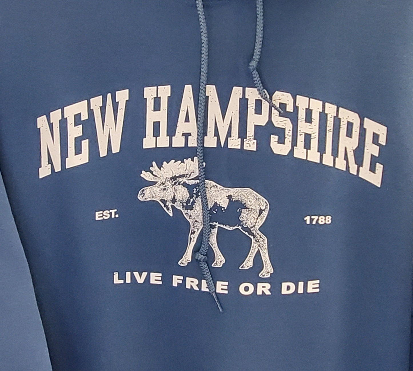 Blue hoodie with 'New Hampshire' and moose design on a blue background