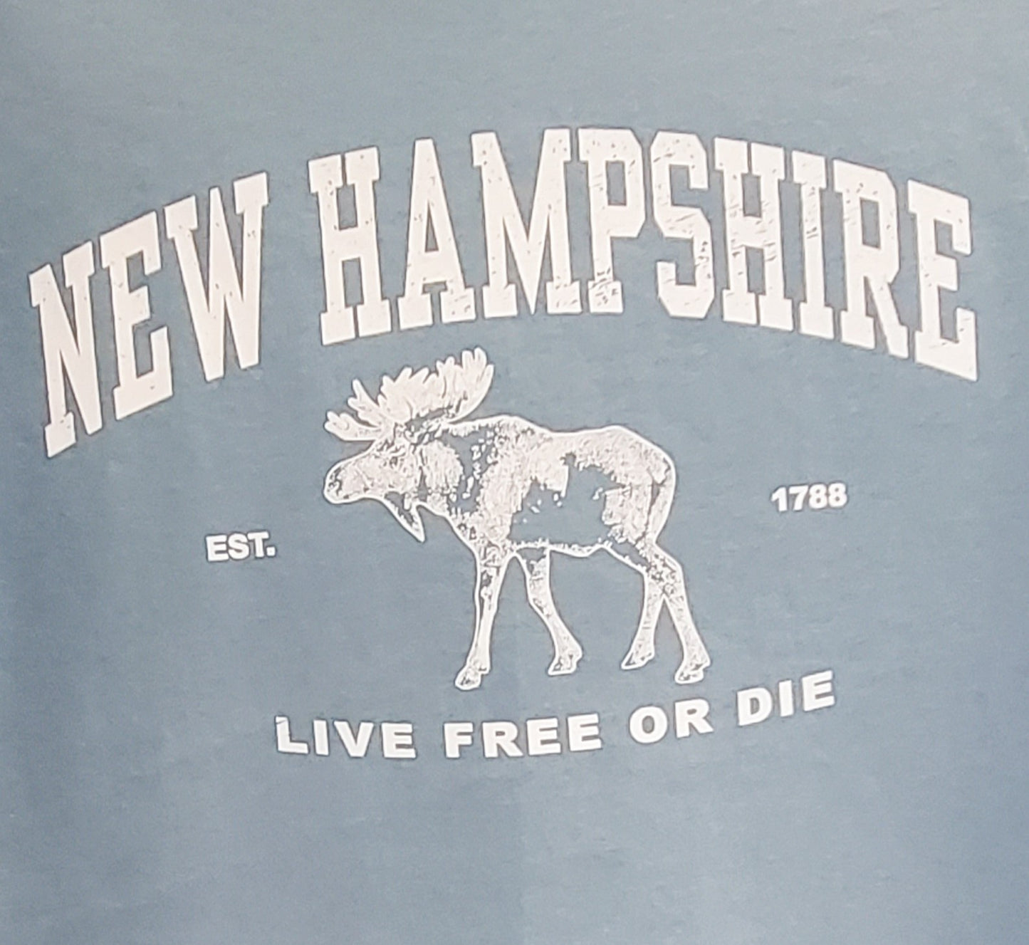 Gray t-shirt with white 'New Hampshire Live Free or Die' design featuring a moose.