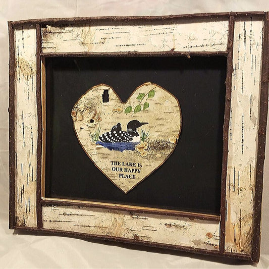 Loon Lake is Our Happy Place Painting in Birch Frame