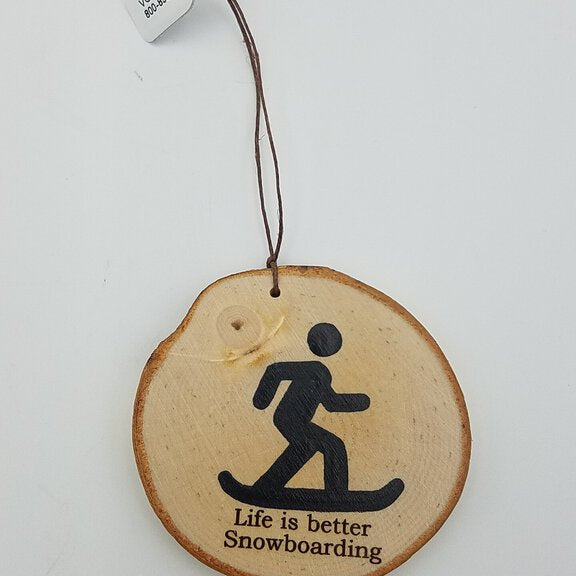 Wood ornament with snowboarding