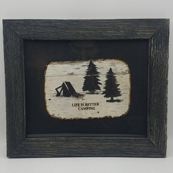 Framed artwork with camping design and 'Life is Better Camping' text on a white background.