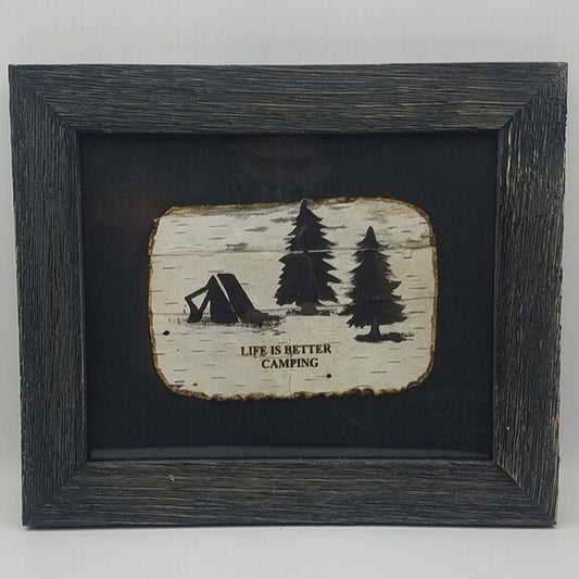 Framed artwork with camping design and 'Life is Better Camping' text on a white background.